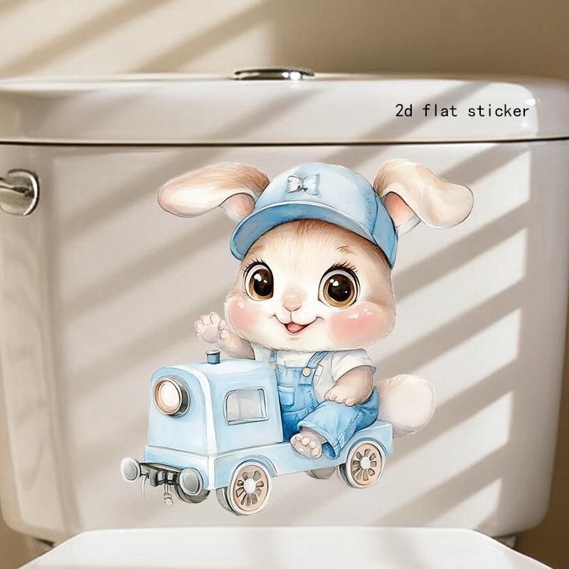 Charming Rabbit in Car Bathroom Toilet Decoration Sticker - PVC Material
