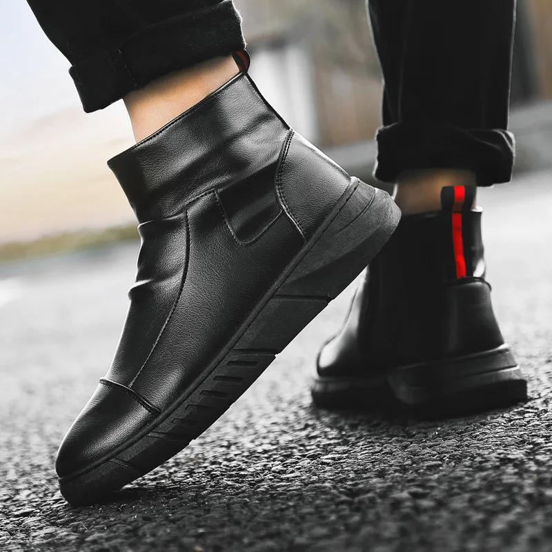 Fashion Men Chelsea Boots Slip-on Waterproof Ankle Boots Retro Black Men Fashion Boots Motorcycle Shoes Plus Size 44