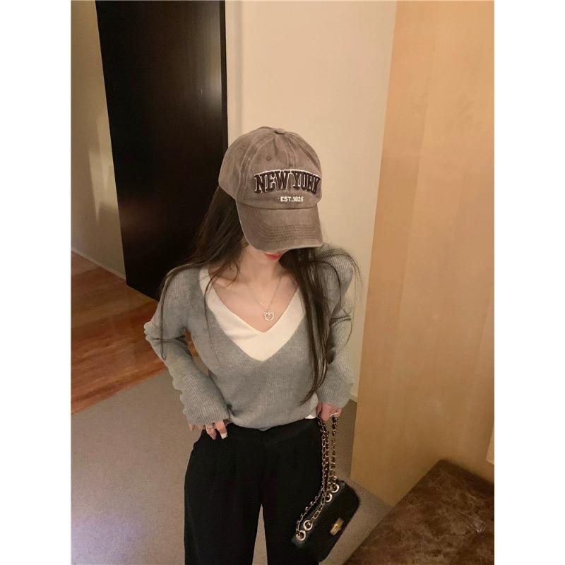 

Contrast color collar fake two-piece knitted sweater spring age-reducing long-sleeved inner top lazy bottoming shirt XL сірий колір