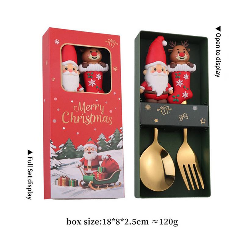 2Pcs Christmas Themed Gold Spoon Fork Set With Cute Santa Gingerbread Tree Handles For Holiday Dinner Parties And Xmas Gift