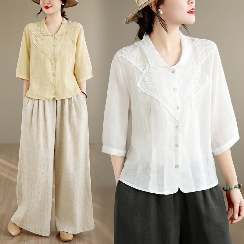 DIMANAF 2026 Plus Size Summer Women Blouse Shirts Tunic Oversize Loose Casual Cotton Lady Tops Tees Embroidery Floral Solid