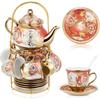20 Pcs Porcelain Tea Set with Metal Holder and Spoon Adult Ceramic Tea Party Set European Flower Painting Teapot Cup Saucer