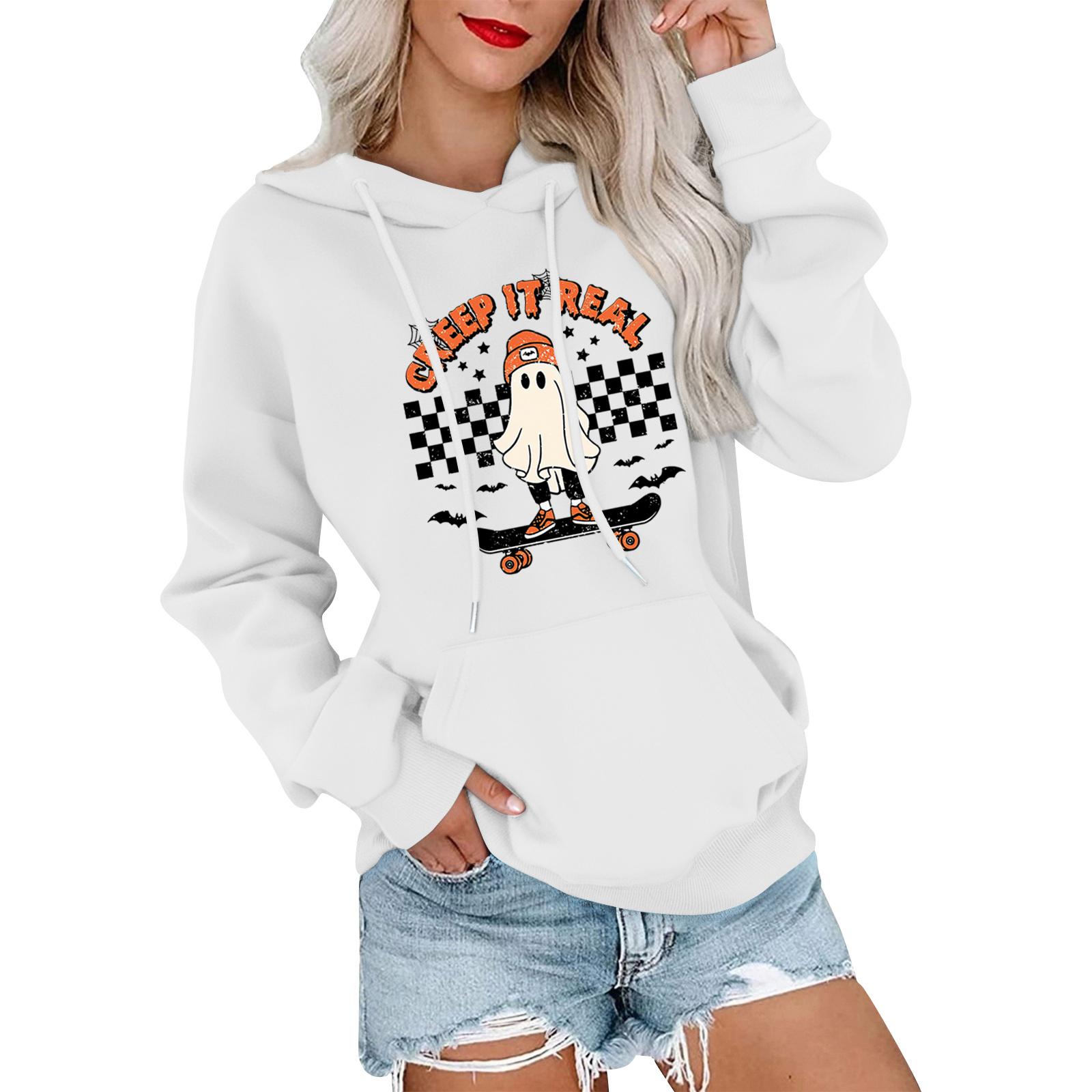 

Женский модный, повседневный, удобный свитер с круглым вырезом, капюшоном, длинными рукавами и принтом на Хэллоуин XL белый