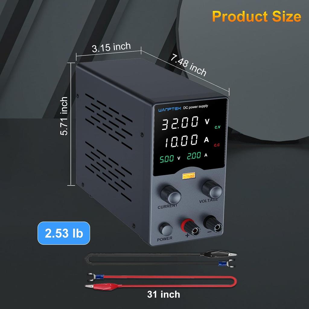 Wanptek DC Power Supply 30V 10A, Variable Bench Supply with Encoder, USB Fast Charge, 4-Digit LED Display