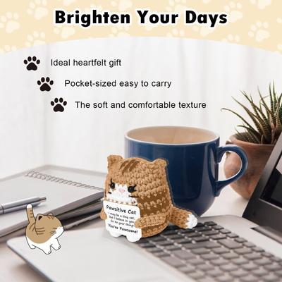 Poupée Chat au Crochet Inspirante Faite à la Main Décoration avec Carte Motivationnelle comme Décoration de Soutien Émotionnel et Article Cadeau
