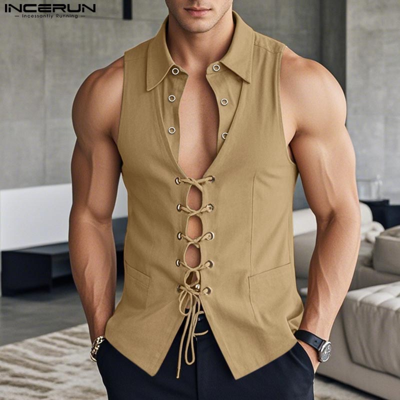

INCERUN Summer Men Lapel Neck Sleeveless Front Bandage Cross Tank Tops 5XL синій