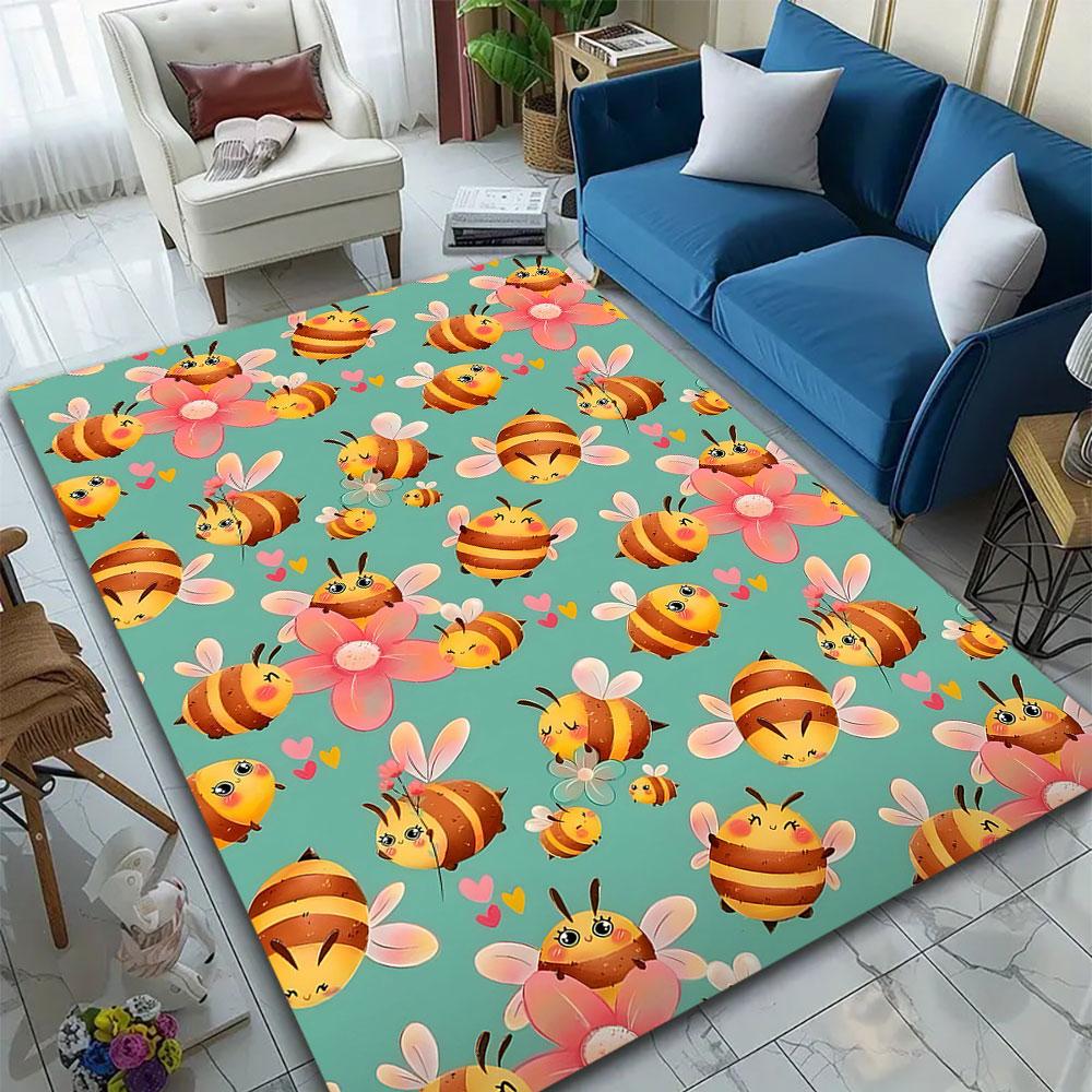 Cute Bees and Flowers Pattern Patterned carpet, suitable as a non slip play mat for the living room and bedroom sofa