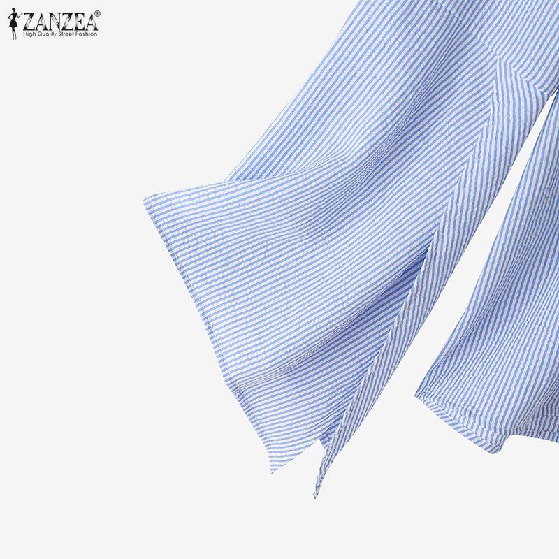 ZANZEA Women Stripe Print Casual Round Neck Long Sleeve Blouse