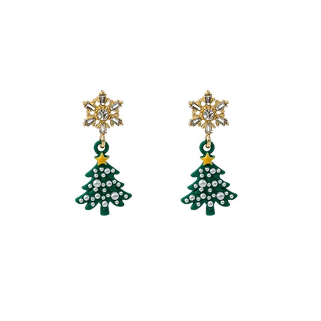 Silver Needle Christmas Snowman & Tree Asymmetrical Snowflake Earrings