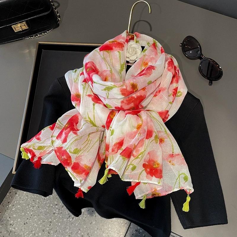 31 Designs Autumn Vintage Floral Tassel Viscose Shawl Scarf Lady High Quality Wrap Pashmina Stole Bufandas Muslim Hijab 180*90Cm
