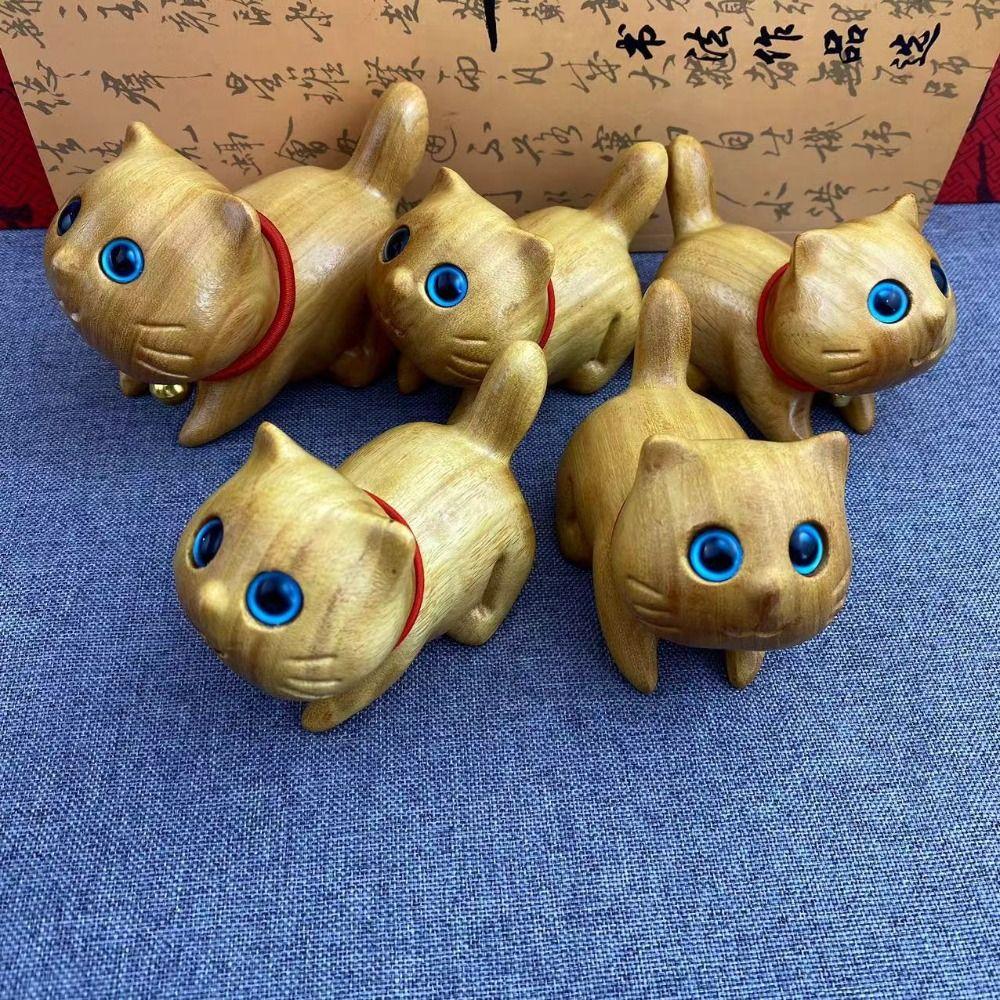 Creative Miniature Wood Cat Statue Handmade Carving Cartoon Animal Statue Cute Natural Lucky Cat Ornaments Desktop