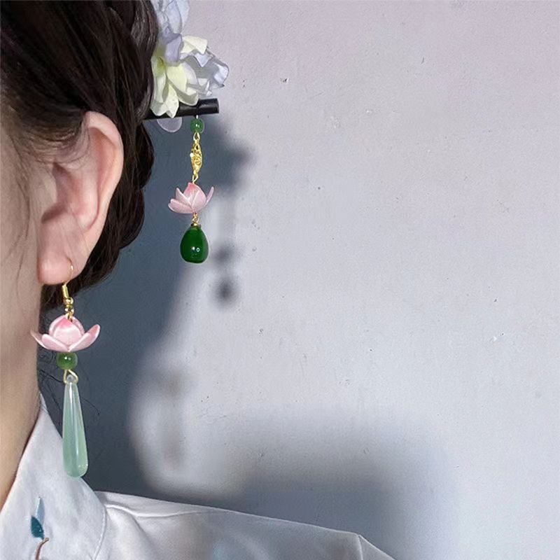 New Chinese Lotus Water Drop Pendent Long Delicate Tassel Dangle National Luxury Earring for Women Jewelry Gift