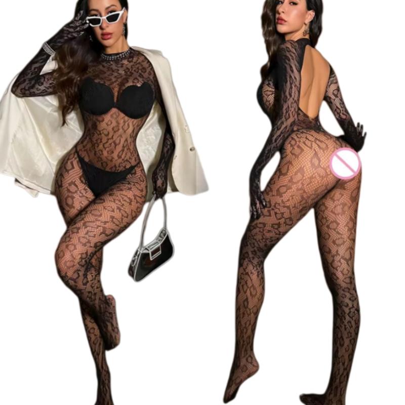 Sexy Lingerie Leopard Mesh Bodystockings Fishnet Jumpsuit Hollow See Through Tight Erotic Pajamas Elastic Night Club Underwear