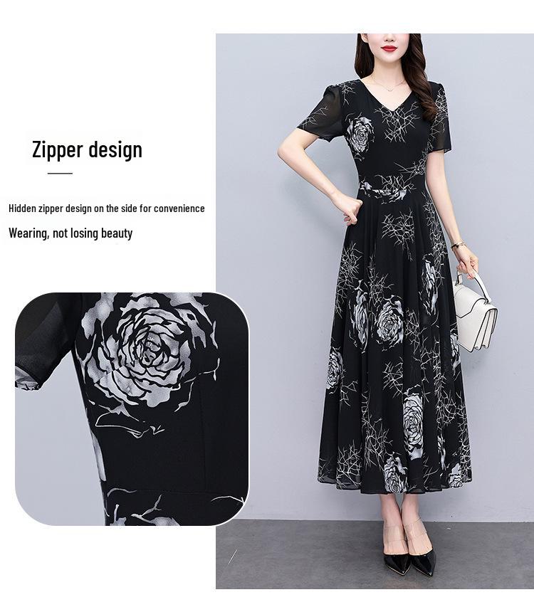 Spring/Summer 2024 V-Neck Floral Black Midi Dress - Plus Size Women's High-End Collection