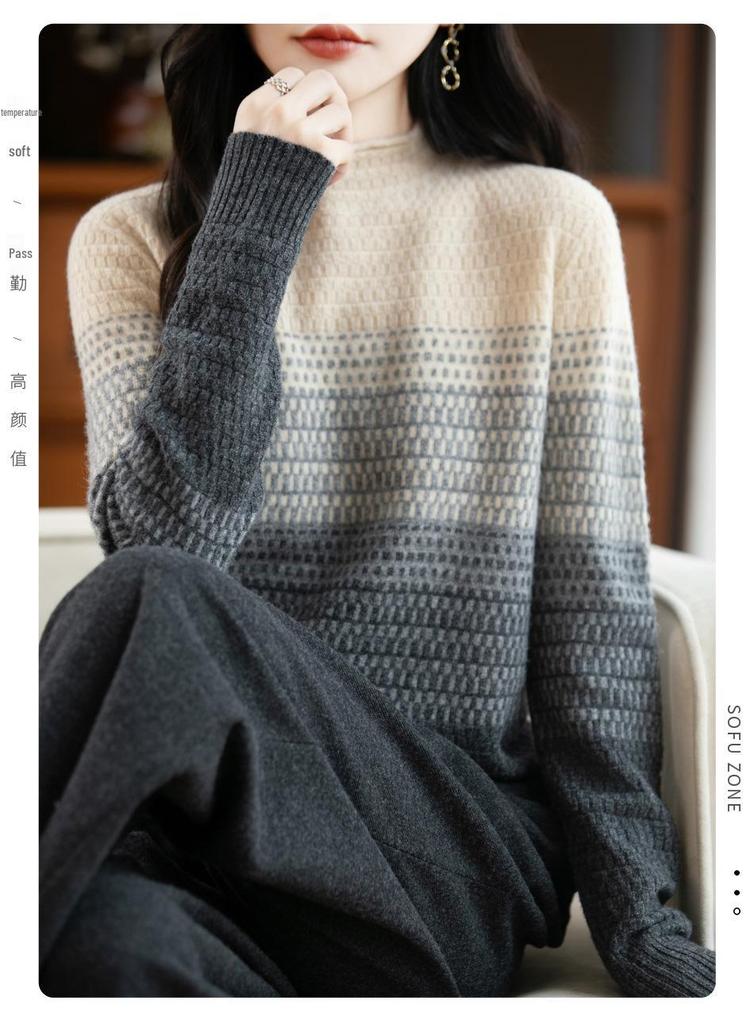 Women's 100% Wool Waffle Knit Color-Block Sweater - Retro Diamond Pattern, Loose Fit for Autumn/Winter
