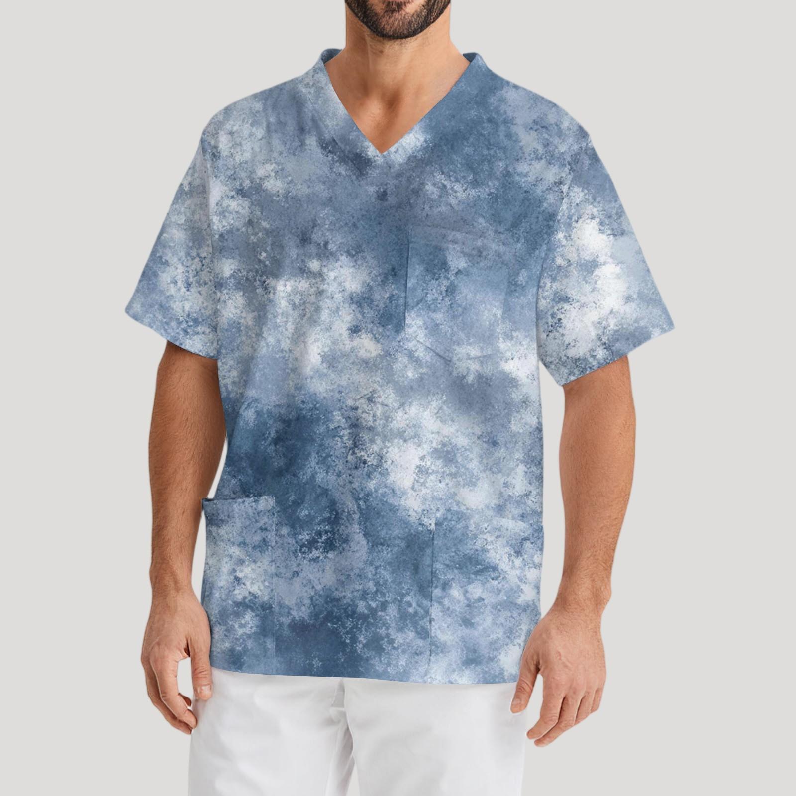 

Мужская рабочая блузка с короткими рукавами и v-образным вырезом с принтом, топ с нагрудным карманом XL синий