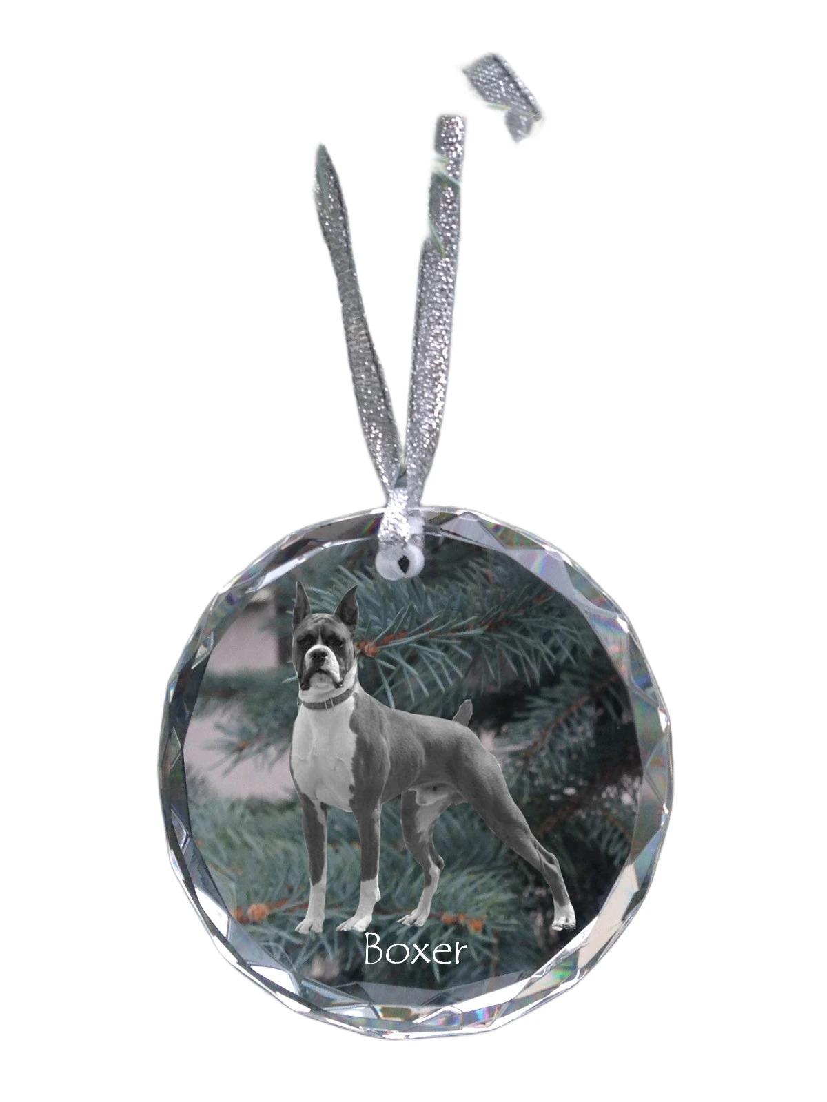 

Boxer, German Boxer III - crystal bauble with a photo, dog photo in crystal, personalized Christmas tree ornament by Art-Dog brand прозорий
