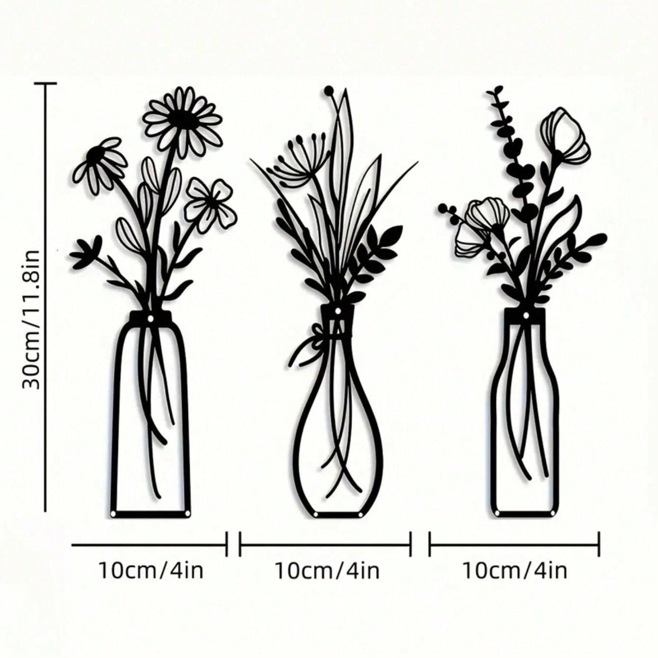 Набор из 3 черных акриловых настенных панно с цветочным узором и вазой. Современный минималистичный декор для дома. Подарок. разноцветный