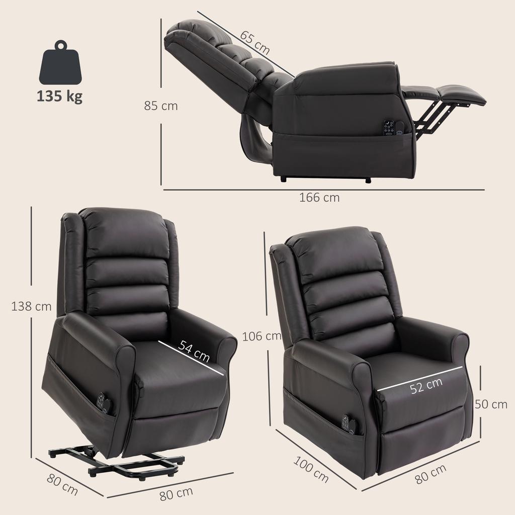 Electric Lift Chair with Vibration Massage and Heat Function, Senior Chair Made of Brown PU Leather