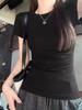 Women's 2024 American Black Slim Fit Short Sleeve T-Shirt - Solid Color, Elastic, Summer Style