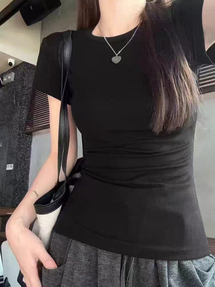 Women's 2024 American Black Slim Fit Short Sleeve T-Shirt - Solid Color, Elastic, Summer Style