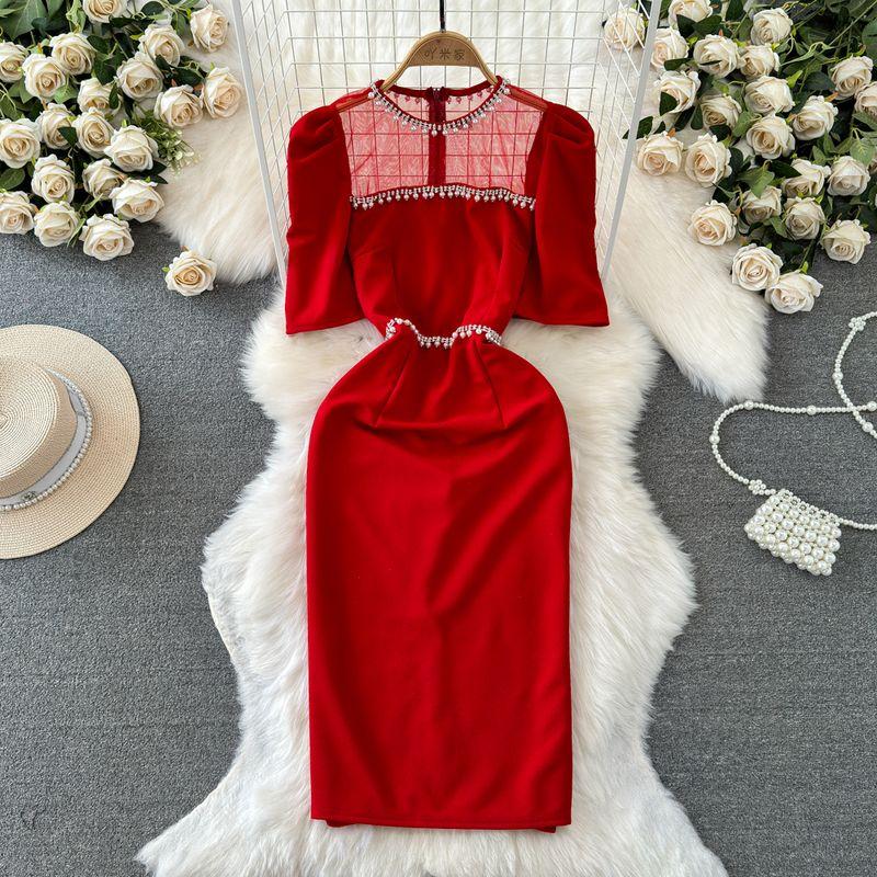 

Accessible Luxury Socialite Beaded round Neck Mesh Dress Short Sleeve Red L