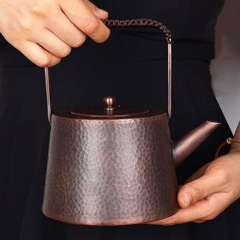 Outdoor Vintage Copper Coffee Kettle,Handcrafted Hammer Texture Weave With lid Handheld Camping Pot,Heat Resistant Filter Teapot
