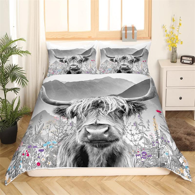 Highland Cow Duvet Cover Western Farm Animal Bedding Set Full King For Boys Girls Microfiber Floral Bull Cattle Comforter Cover