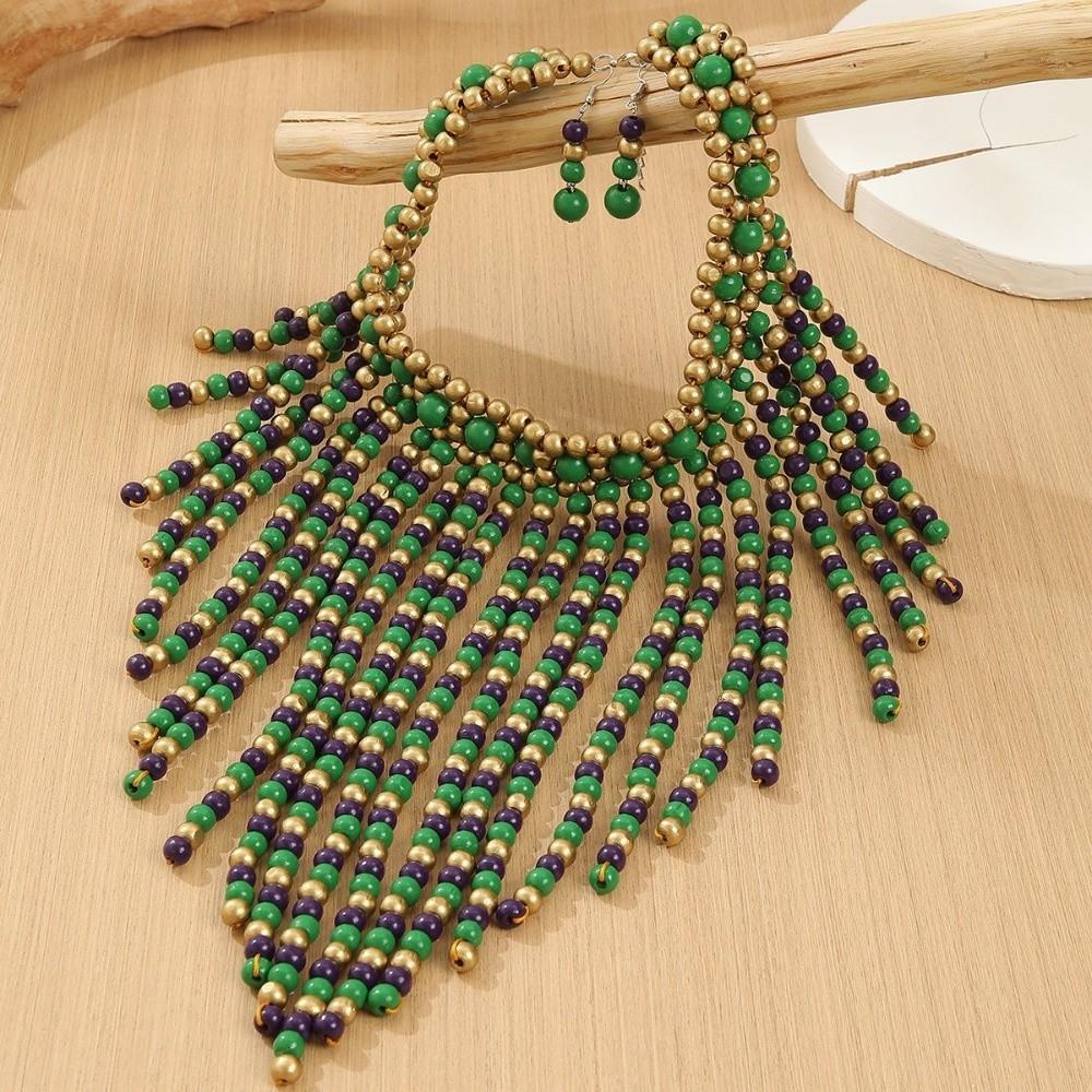 1920s Necklace Earrings Set Wood Ear Studs Elegant Tassel Necklace  Evening