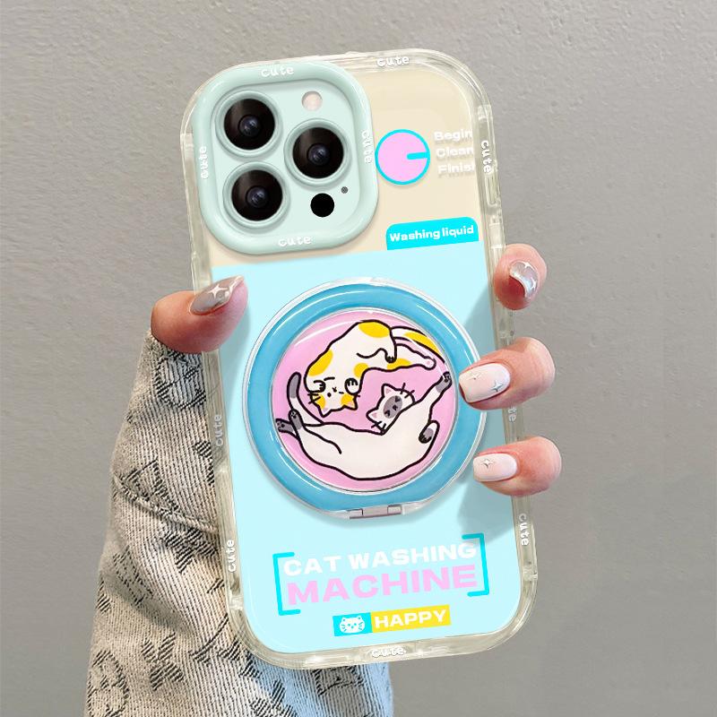 Cat washing machine fulcrum stand compatible with iPhone 16e, jelly phone case, 15 Pro Max Cute Cartoon 13, full coverage 14