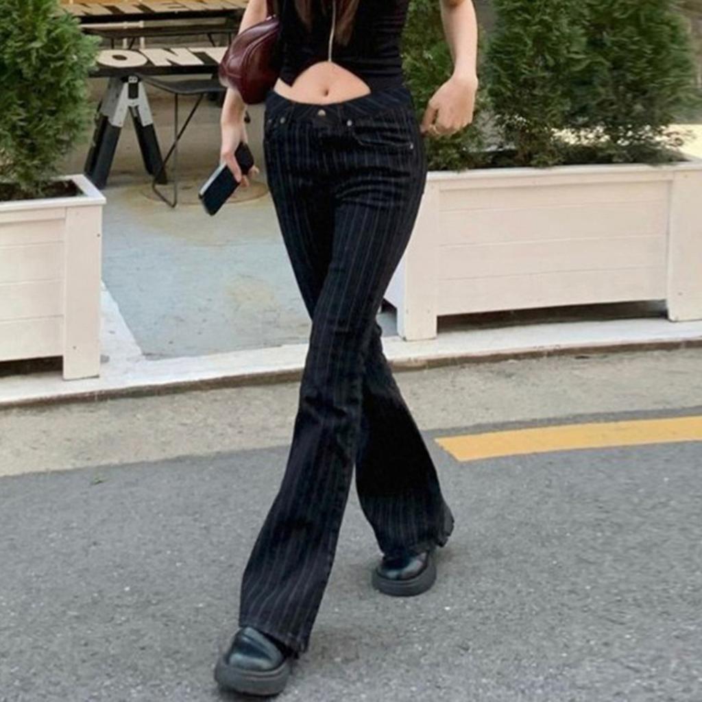 2000s Clothes Y2k Low Rise Boot Cut Jeans Woman Casual Black Striped Denim Trousers Streetwear Flare Pants