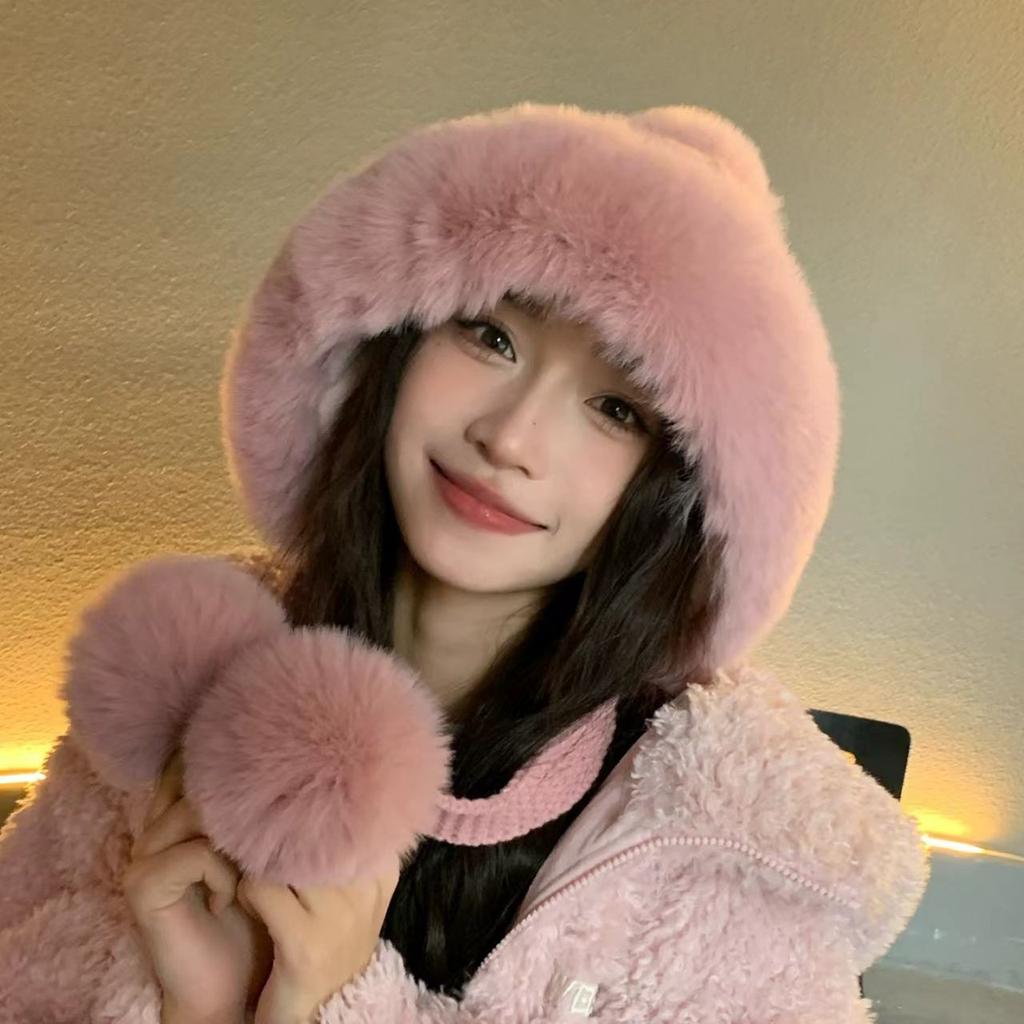Plush Lei Feng Hat Women's Winter Plush Thickened Warm Ear Protection Riding Windproof and Cold-proof Wool Knitted Hat
