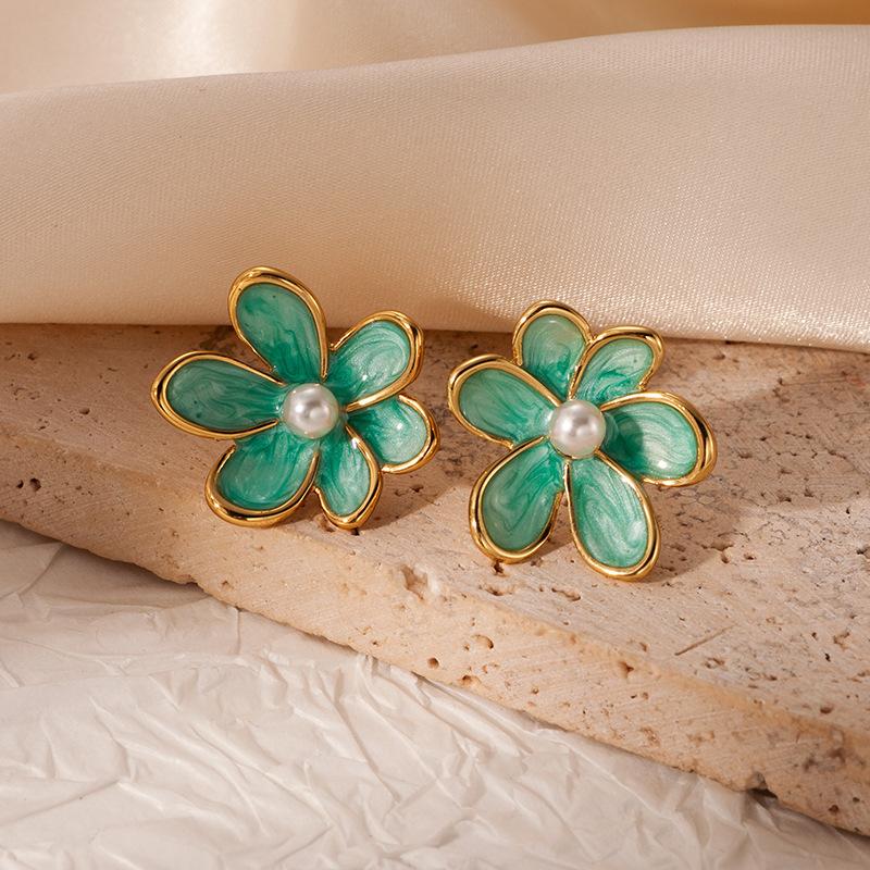 Summer flower stud earrings smudged enamel drop glaze stud earrings pearl colored earrings candlelight retro colored drop earrings