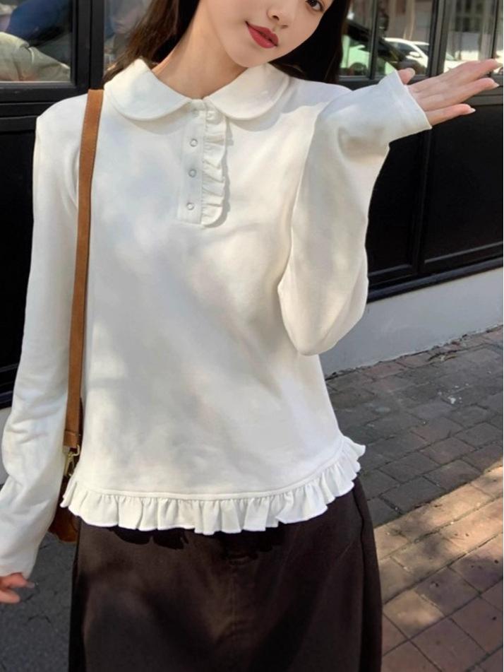 De Rong Women's Autumn 2025 White Doll Collar Long-Sleeve T-shirt