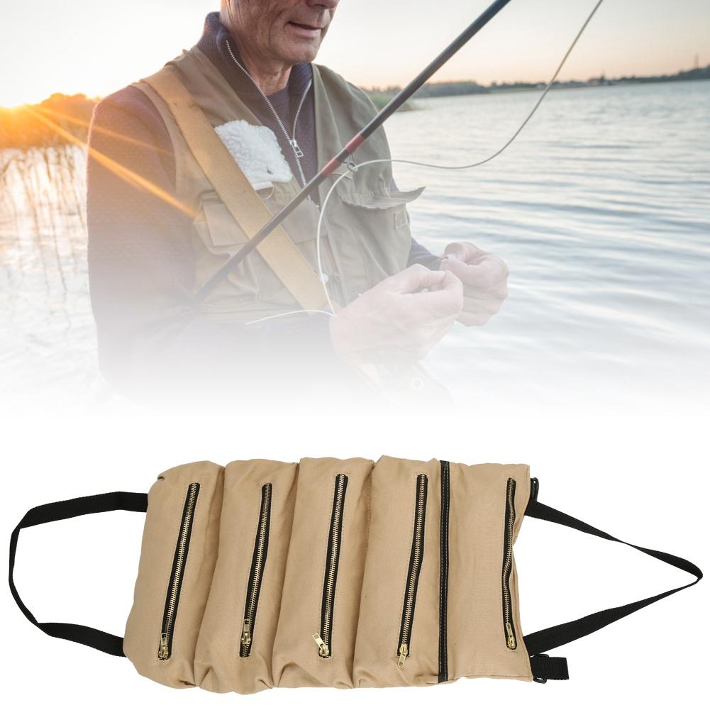 Multifunction Portable Canvas Tool Roll Up Bag Outdoor Fishing Garden Storage PouchKhaki
