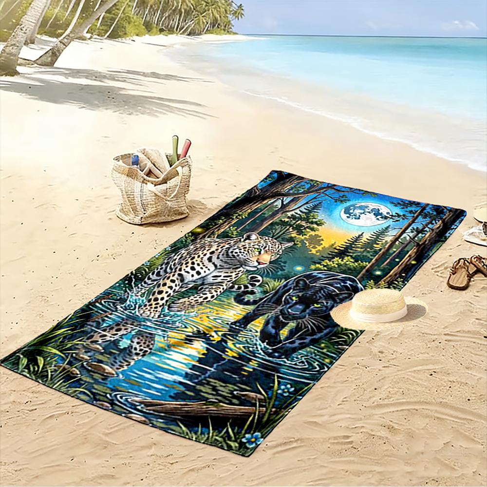 Leopard and Panther by Moonlit Forest Beach Towel Quick-drying for Travel Outdoor Sports Jogging Beach and Swimming