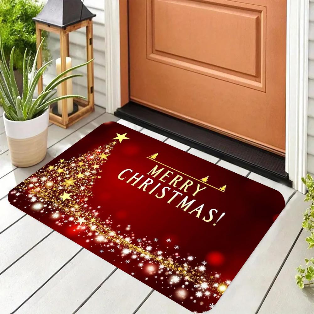 1pc Merry Christmas Indoor Door Mat Floor Mats,Red Black Golden Christmas Tree and Stars