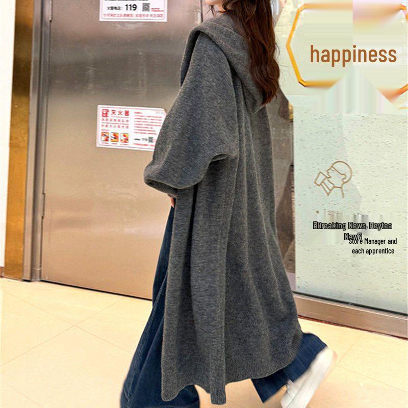 

Осенний утолщенный вязаный кардиган с капюшоном темно-серого цвета для женщин - Свободный, ленивый стиль L (55-60 kg)