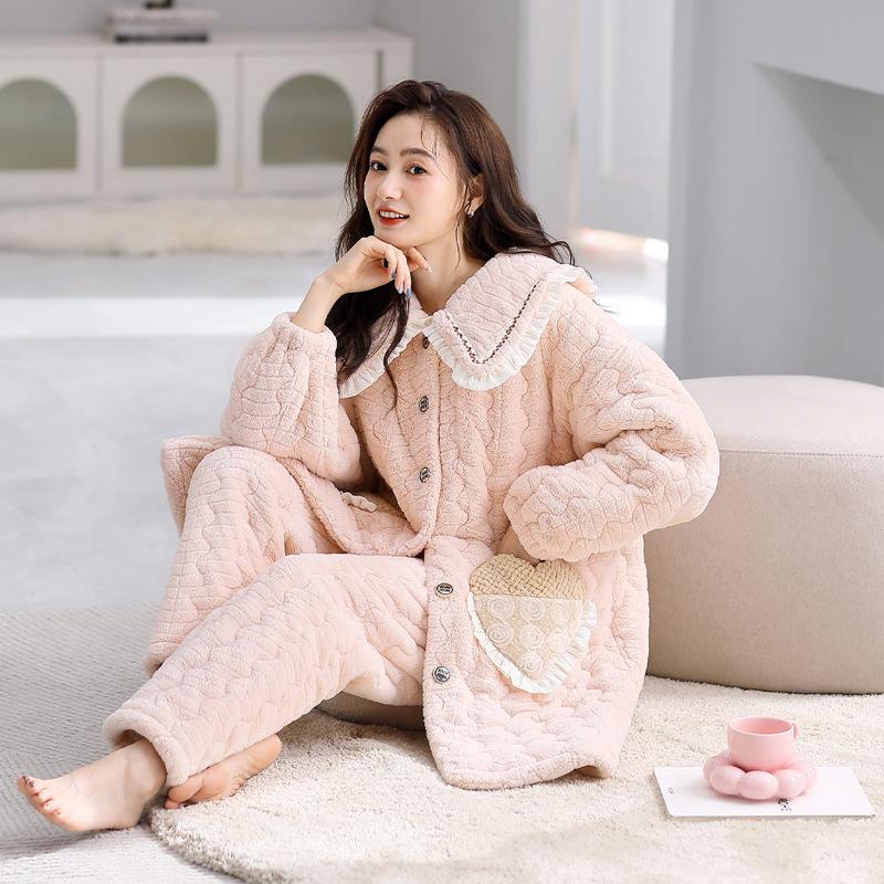 Pajamas Women'S Winter Three-Layer Padded Jacket Coral Fleece Fleece Thickened Flannel Medium And Long Loungewear Set Winter