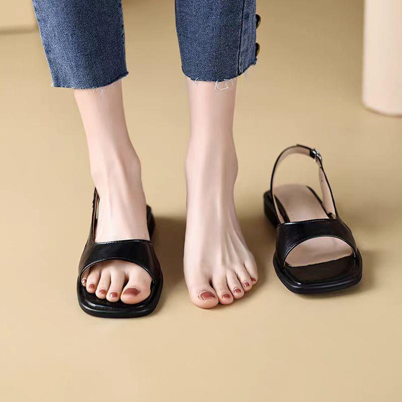 Flat Sandals 22 Summer New Square Toe Retro Low-heeled Plus Size Open-toe Sandals
