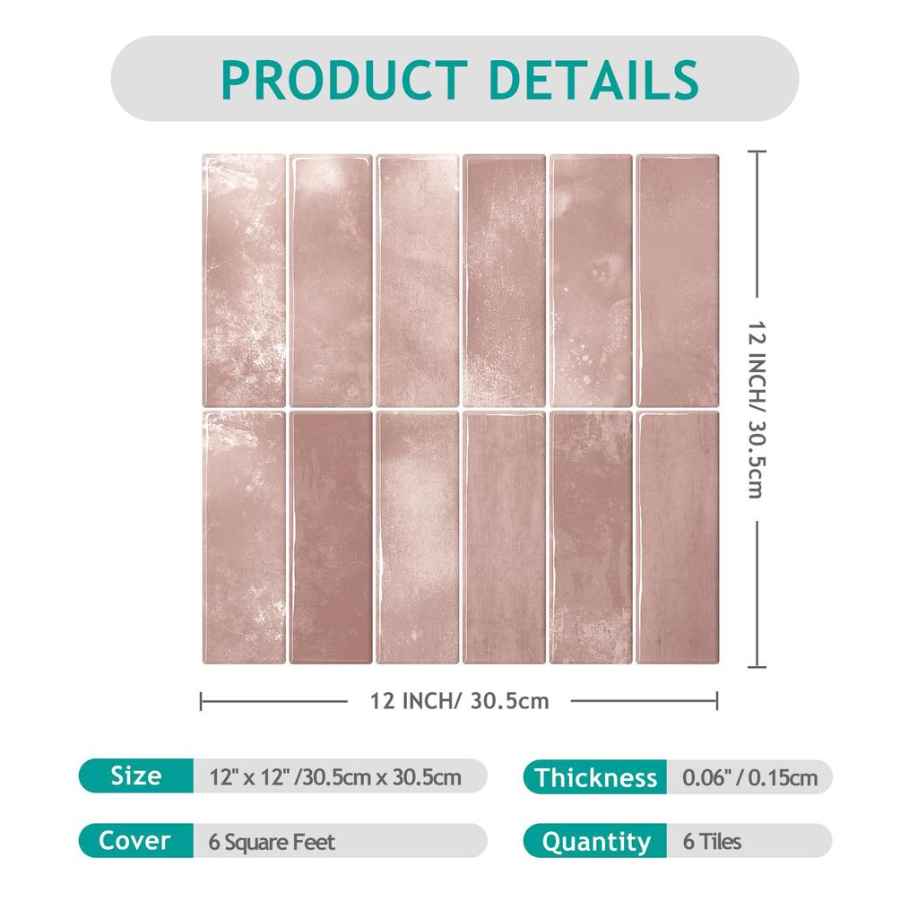 VEELIKE Waterproof Heat-Resistant Tile Sheets, 6 Sheets, 30x30cm, Square, Marble/Brick Pattern, Pink, Glossy, Tile Stickers, 3D Wallpaper Stickers, Re