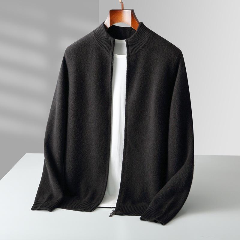 Men's Autumn Winter Warm Sweater Mock Collar Thickened Zippered Cardigan Cashmere Knitted Long Sleeve Tops