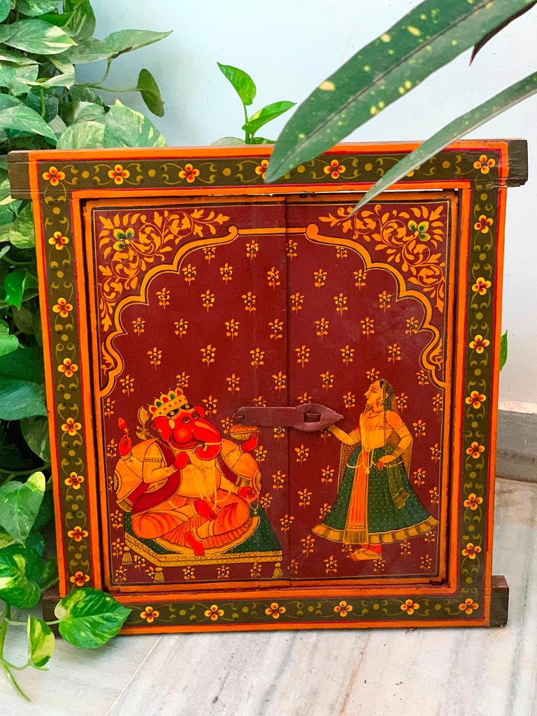 Hand Painted Ganesha Jharokha: Antique Wooden Window Wall Decor