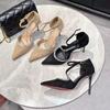 Fashion 9cm Sexy Rhinestone Suede Single Button S with Pointed Toe Banquet High Heels for Women 2025 New Slim and Hollow Single Shoes