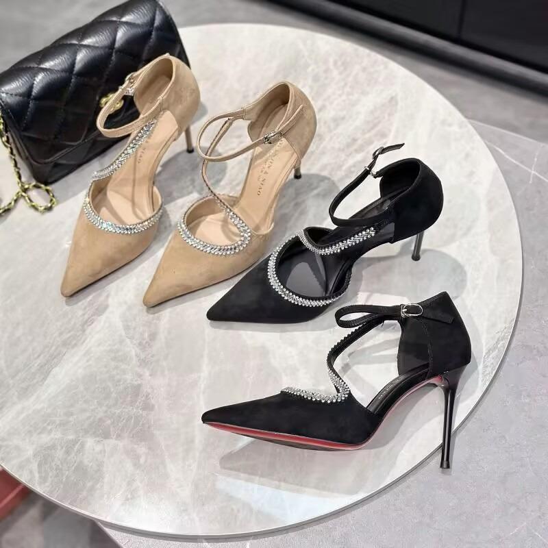Fashion 9cm sexy rhinestone suede single button S with pointed toe banquet high heels for women 2025 new slim and hollow single shoes