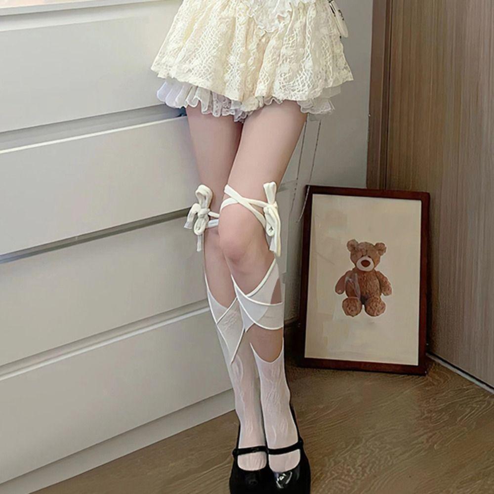 2Pairs Irregular Straps Lolita Lace Stockings Mesh Split Toe Socks JK Lace-up Stockings Ladies Girl