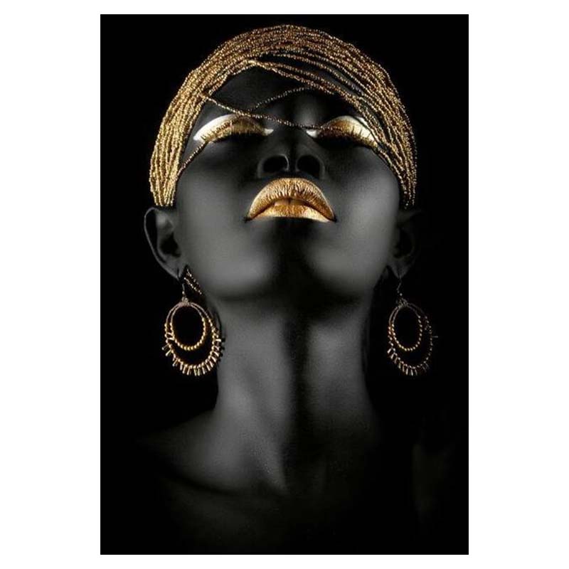 

Африканская женщина, черный и золотой портрет, холст, картины, печать плакатов, настенная художественная картина, домашний декор для гостиной, без рамки 50x75cm