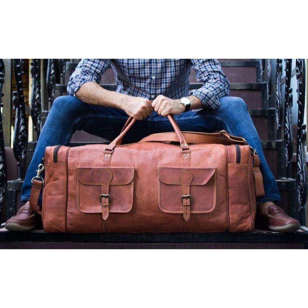 Vintage Real Goat Leather Travel Bag Luggage Weekender Overnight Duffle Bag