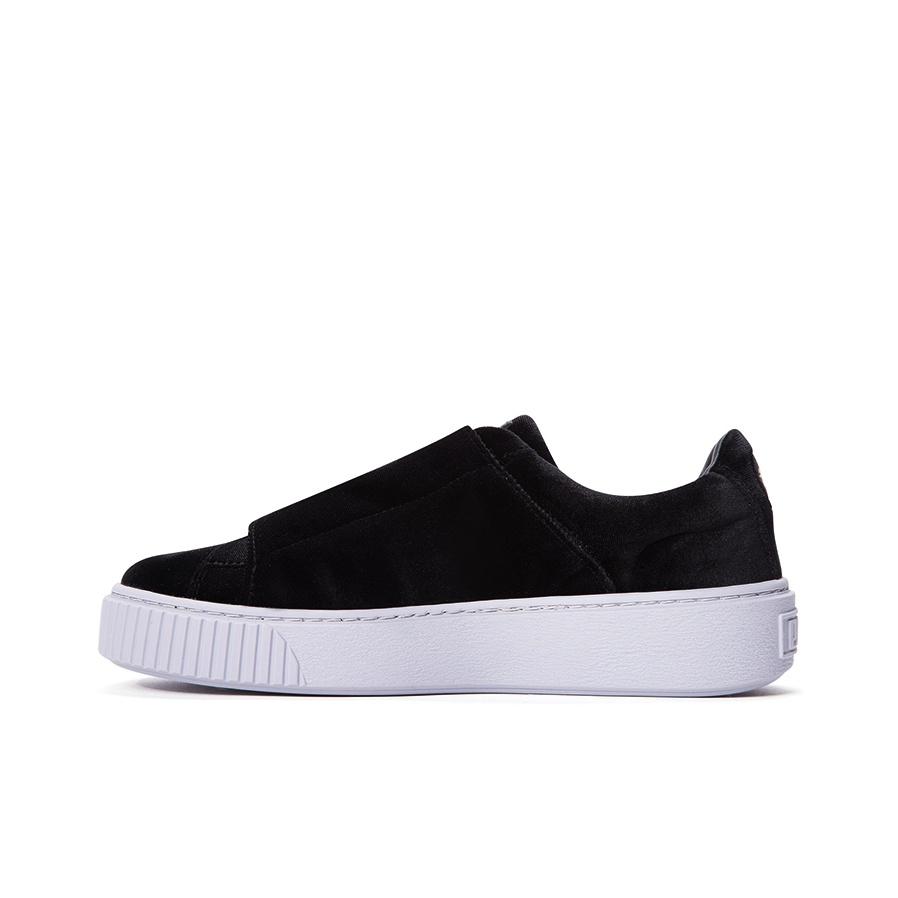 Puma Basket Platform Strap Samtseil - Schwarze Damen Sneaker Weiß 364068-01