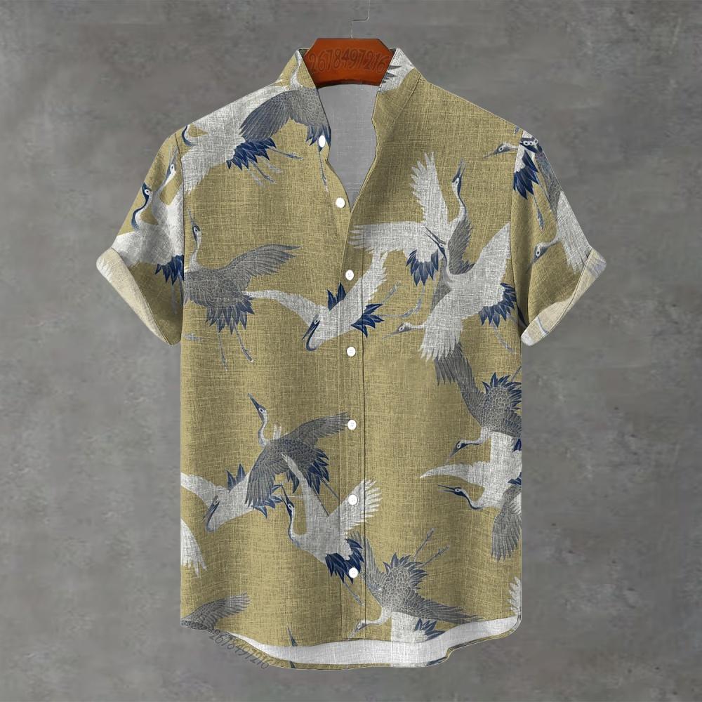 Sommer Herren Chinesisches Stehkragen Kurzarmhemd Retro Kran-Druck Locker Lässig Urlaubs-Cardigan Nationaler Stil Hemd